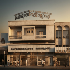 Imagem em estilo de época representando a fachada do Supermercados Pastorinho em Araçatuba-SP, com seu letreiro tradicional e o movimento de clientes na calçada. Foto melhorada com IA pelo site Memórias.me para retratar a realidade da época com mais fidelidade e fazer você se sentir no mesmo local naquele tempo.

