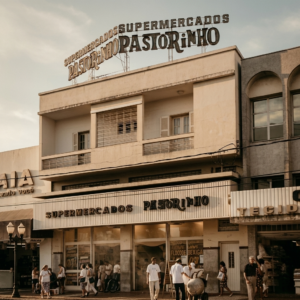 Fachada do Supermercados Pastorinho em Araçatuba-SP, mostrando o letreiro clássico e o movimento de clientes na calçada em um fim de tarde típico do centro da cidade. Foto melhorada com IA pelo site Memórias.me para retratar a realidade da época com mais fidelidade e fazer você se sentir no mesmo local naquele tempo.

