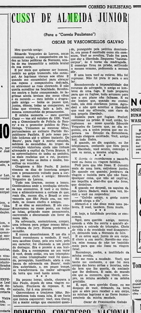 Carta do amigo a Cussy de Almeida Junior por sua morte