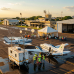 Imagem gerada por inteligência artificial, ilustrando de maneira simbólica as operações do TROCCINOX (Tropical Convection, Cirrus and Nitrogen Oxides Experiment – Experimento sobre Convecção Tropical, Nuvens Cirrus e Óxidos de Nitrogênio) no Aeroporto de Araçatuba. Cena meramente ilustrativa, criada para representar o ambiente das campanhas, sem corresponder a fotos reais do período.
