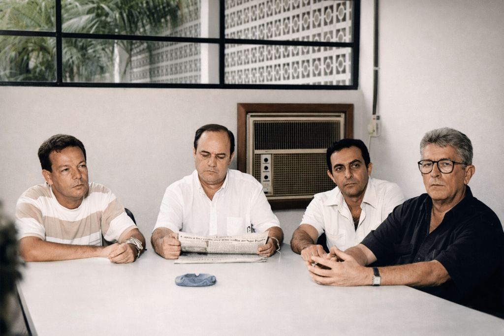 Comissão de Educação da Câmara Municipal de Araçatuba. Reunião da FEA. Da esquerda para a direita: Vereador Rubens Arcieri, Vereador Hélio Correia, Sebastião Heten, diretor da FOA e Dr. Jarbas Borges Rister. Foto: Dayse Maria. Acervo: Folha da Região.