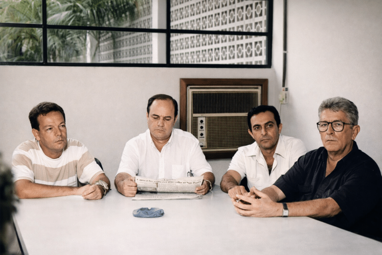 Comissão de Educação da Câmara Municipal de Araçatuba. Reunião da FEA. Da esquerda para a direita: Vereador Rubens Arcieri, Vereador Hélio Correia, Sebastião Heten, diretor da FOA e Dr. Jarbas Borges Rister. Foto: Dayse Maria. Acervo: Folha da Região.