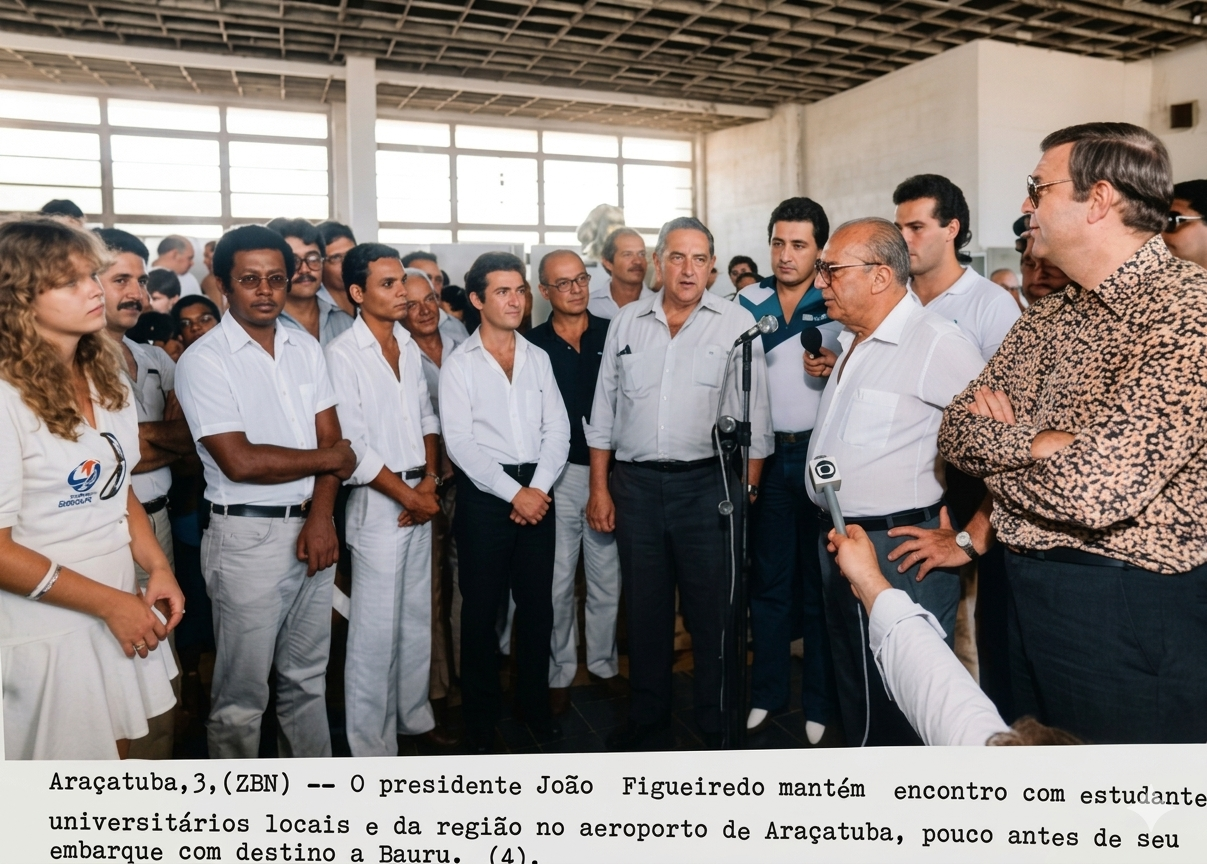 João Baptista de Oliveira Figueiredo visita Araçatuba em 3 de novembro de 1982, participa de concentração popular, encontra estudantes no Aeroporto Dario Guarita e reforça a importância do Noroeste Paulista no processo de abertura política e nas eleições de 1982.